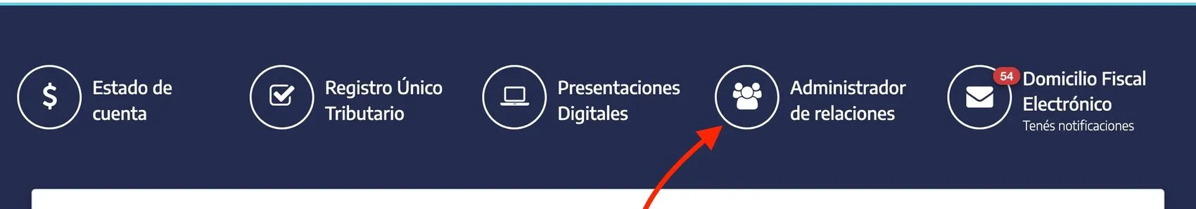 Accesos rápidos del portal de ARCA con el ícono «Administrador de relaciones» señalado