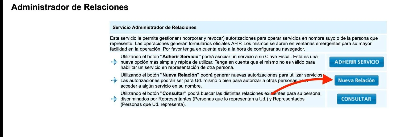 Pantalla del servicio Administrador de Relaciones con los botones «Adherir servicio», «Nueva Relación» y «Consultar»