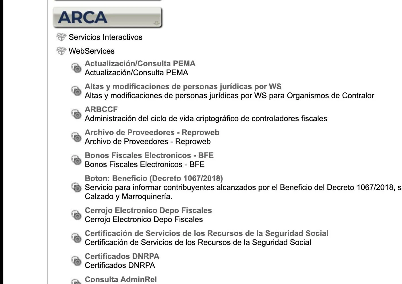 Ventana de búsqueda de servicios de ARCA con el árbol de WebServices desplegado y el comienzo de la lista