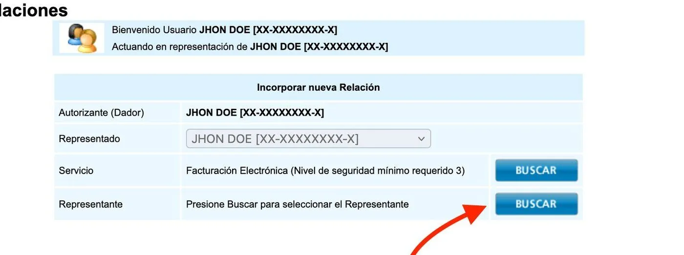 Formulario «Incorporar nueva Relación» con el servicio Facturación Electrónica elegido y el botón «Buscar» de Representante señalado