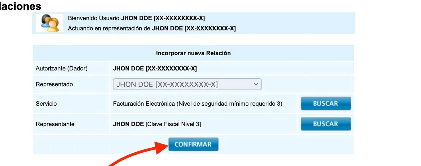 Resumen de la nueva relación con el servicio Facturación Electrónica y el representante, y el botón «Confirmar» señalado