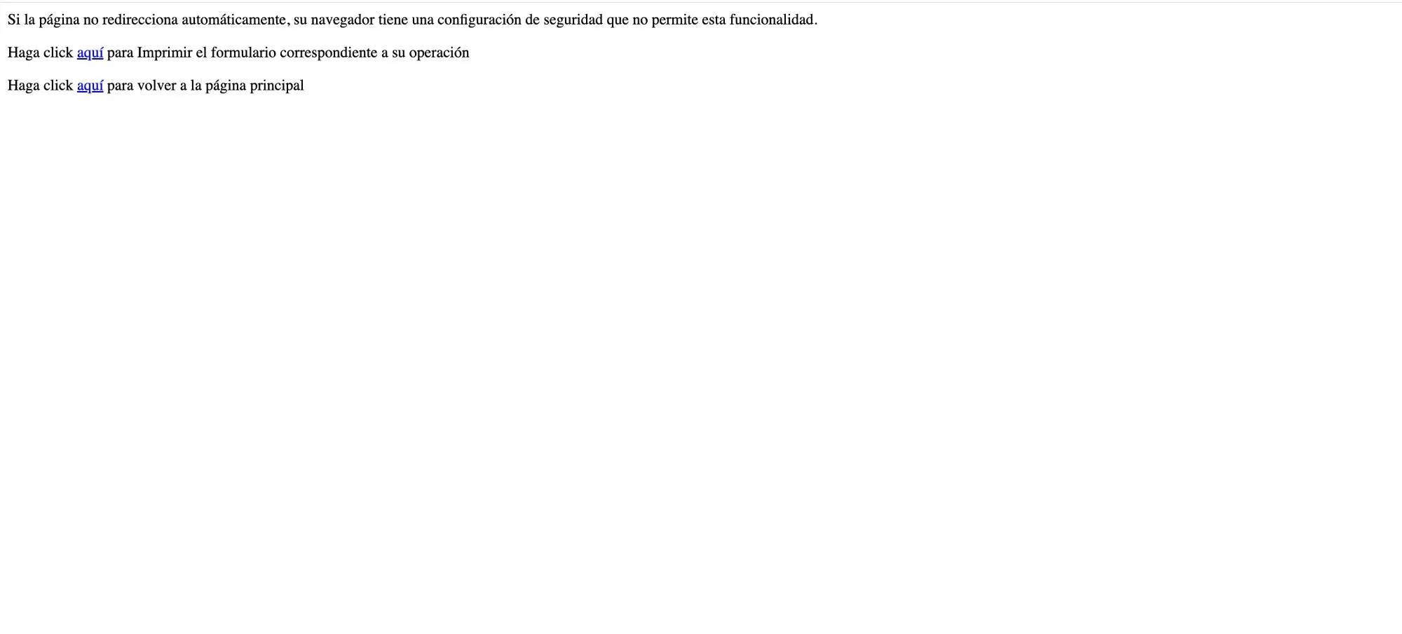 Pantalla de ARCA con el aviso de redirección automática y los enlaces para imprimir el comprobante o volver a la página principal